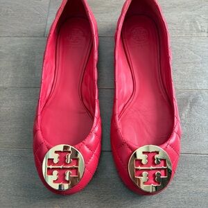 Tory Burch Red Quilted Flats with Gold Logo new without box